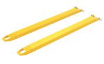 The pair of Vestil Fork Extensions, measuring 4 x 66, are yellow and rectangular, designed with an open slot at one end and securing pins at the other to fit over standard forklift tines. These extensions are positioned parallel in a pin style.