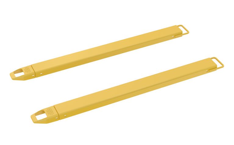 Two yellow metal forklift extensions, similar to the Vestil Fork Extensions 4 X 66 Standard (Pair), are positioned parallel on a white background, long and rectangular with attachment points at one end.