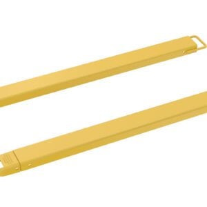 Two yellow metal forklift extensions, similar to the Vestil Fork Extensions 4 X 66 Standard (Pair), are positioned parallel on a white background, long and rectangular with attachment points at one end.