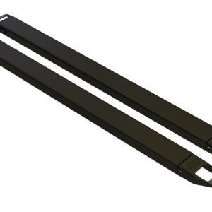 Two long, black rectangular bars are placed parallel against a white background, featuring handle-like ends. Each Vestil Fork Extensions 4 x 72 Standard Black (Pair) has a slight groove along its length.
