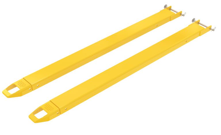FE-4-72-P_A.jpg On a white background, two Vestil Fork Extensions 4 X 72 Pin Style (Pair) are placed parallel, with rectangular openings at one end and securing mechanisms at the other to extend forklift fork reach.