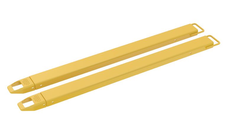 Two yellow metal forks with rectangular openings at one end, similar to the Vestil Fork Extensions 4 X 72 Standard (Pair), serve as forklift extensions and are positioned parallel on a white background.