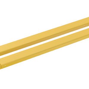 Two yellow metal forks with rectangular openings at one end, similar to the Vestil Fork Extensions 4 X 72 Standard (Pair), serve as forklift extensions and are positioned parallel on a white background.