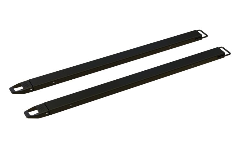 FE-4-84-BK_A.jpg The design of Vestil Fork Extensions 4 X 84 Standard Black (Pair) is reflected in two sleek, long black bars with rounded ends and attachment loops on a white background.