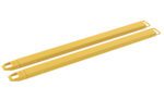 Two elongated yellow metal beams with rectangular bolt holes, similar to the Vestil Fork Extensions 4 X 84 Standard (Pair), are designed for construction or industrial use. Positioned parallel on a white background, each beam has a looped end for easy attachment or handling.