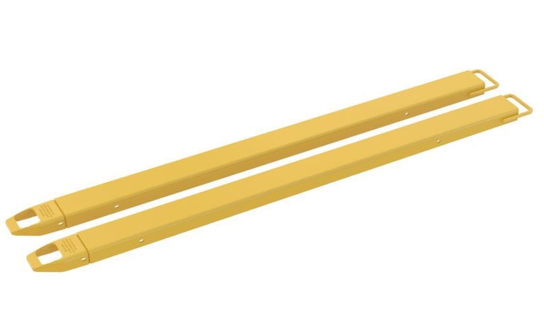 FE-4-84_A.jpg Two elongated yellow metal beams with rectangular bolt holes, similar to the Vestil Fork Extensions 4 X 84 Standard (Pair), are designed for construction or industrial use. Positioned parallel on a white background, each beam has a looped end for easy attachment or handling.