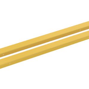 Two elongated yellow metal beams with rectangular bolt holes, similar to the Vestil Fork Extensions 4 X 84 Standard (Pair), are designed for construction or industrial use. Positioned parallel on a white background, each beam has a looped end for easy attachment or handling.