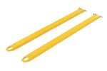 The Vestil Fork Extensions 4 X 90 Pin Style (Pair) are yellow metal attachments with hooks, designed to extend forklift forks for handling wider or longer loads.