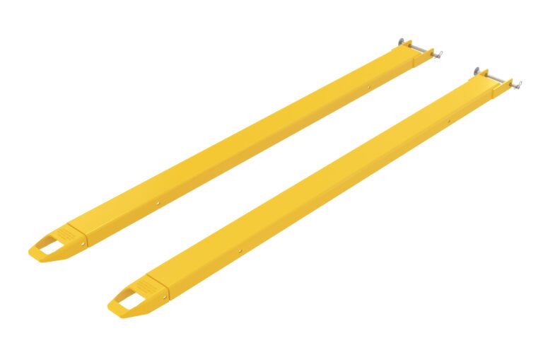 FE-4-90-P_A.jpg The Vestil Fork Extensions 4 X 90 Pin Style (Pair) are yellow metal attachments with hooks, designed to extend forklift forks for handling wider or longer loads.
