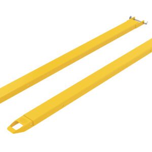 The Vestil Fork Extensions 4 X 90 Pin Style (Pair) are yellow metal attachments with hooks, designed to extend forklift forks for handling wider or longer loads.