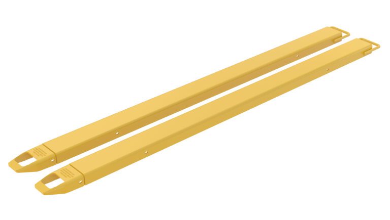 Two yellow, elongated metal beams with hook-like ends resemble the Vestil Fork Extensions 4 X 90 Standard (Pair). Parallel and sturdy for industrial use, they feature a smooth surface with several circular holes near the hooks.