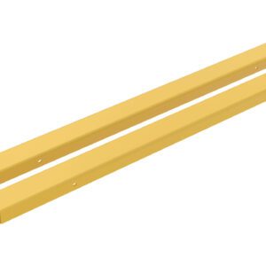 Two yellow, elongated metal beams with hook-like ends resemble the Vestil Fork Extensions 4 X 90 Standard (Pair). Parallel and sturdy for industrial use, they feature a smooth surface with several circular holes near the hooks.