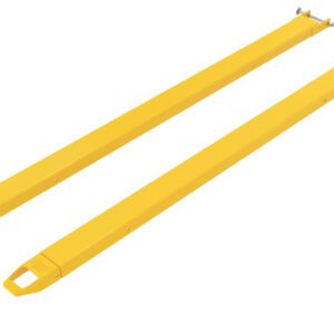 A pair of long, yellow metal beams with handles and connectors on one end are placed parallel on a white background, identified as Vestil Fork Extensions 4 X 96 Pin Style.