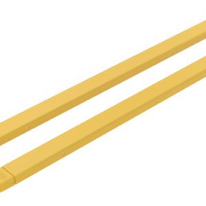 Two yellow plastic pry bars, similar to Vestil Fork Extensions 4 X 96 Standard (Pair), with hooked ends and pointed tips, lie side by side on a white background. They feature smooth surfaces and small holes near the tips.