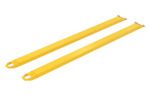 A pair of long, yellow Vestil Fork Extensions 5 X 108 Pin Style is shown on a white background. They have tapered ends and hooks for easy attachment.
