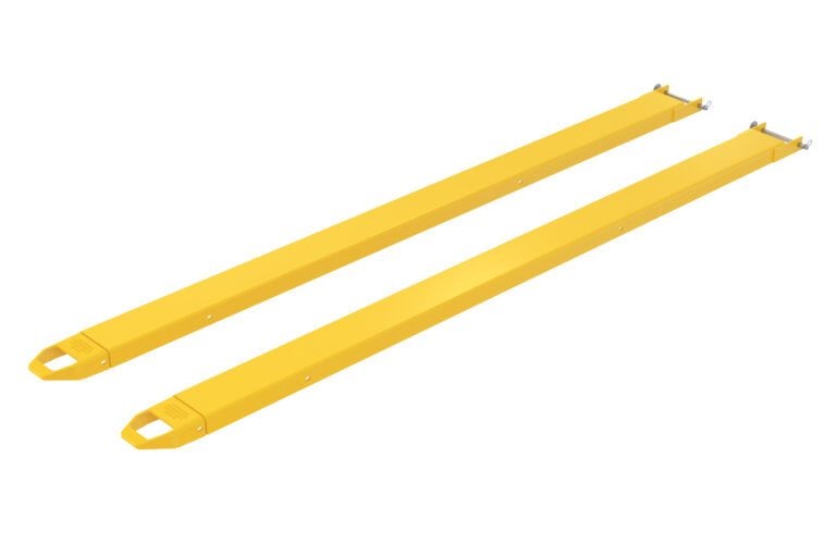 A pair of long, yellow Vestil Fork Extensions 5 X 108 Pin Style is shown on a white background. They have tapered ends and hooks for easy attachment.