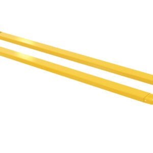On a white background, two long yellow metal beams, resembling the Vestil Fork Extensions 5 X 120 Pin Style (Pair) with hooked ends, are aligned parallel to each other.