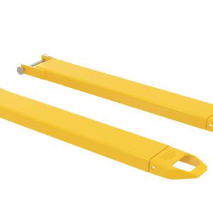 Two yellow Vestil Fork Extensions, measuring 5 x 48, are shown on a white background. Each extension features rounded edges with a triangular cutout at one end.