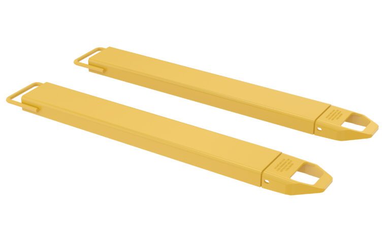 The two yellow tire levers, resembling Vestil Fork Extensions, feature hooked ends and textured grips for easy tire removal. Lying parallel on a white background, theyre ready to simplify any cycling repair task.
