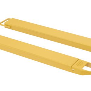 The two yellow tire levers, resembling Vestil Fork Extensions, feature hooked ends and textured grips for easy tire removal. Lying parallel on a white background, theyre ready to simplify any cycling repair task.