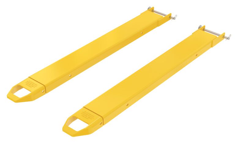Two Vestil Fork Extensions 5 X 54 Pin Style (Pair) lie side by side on a plain white background. They are yellow with rectangular shapes, tapered ends, and metal clasps for attachment, combining sleek design with functionality.