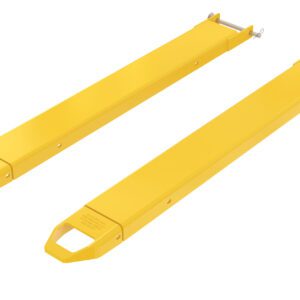 Two Vestil Fork Extensions 5 X 54 Pin Style (Pair) lie side by side on a plain white background. They are yellow with rectangular shapes, tapered ends, and metal clasps for attachment, combining sleek design with functionality.