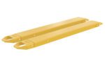 Two Vestil Fork Extensions 5 x 54 Standard (Pair), in yellow with tapered ends and small side holes, are arranged parallel to enhance forklift fork length effectively.