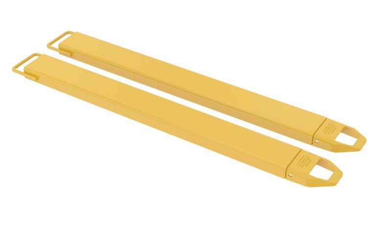 The Vestil Fork Extensions 5 X 60 Standard (Pair) features long, yellow metal bars with triangular cutouts at one end and rectangular handles at the other, positioned diagonally from bottom left to top right on a white background.