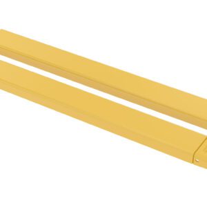 The Vestil Fork Extensions 5 X 60 Standard (Pair) features long, yellow metal bars with triangular cutouts at one end and rectangular handles at the other, positioned diagonally from bottom left to top right on a white background.