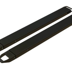 The Vestil Fork Extensions 5 X 63 Standard Black (Pair) are long, designed for forklifts, and align parallel. With a flat surface and hooks at one end, they are ideal for securely stacking or lifting wider loads.