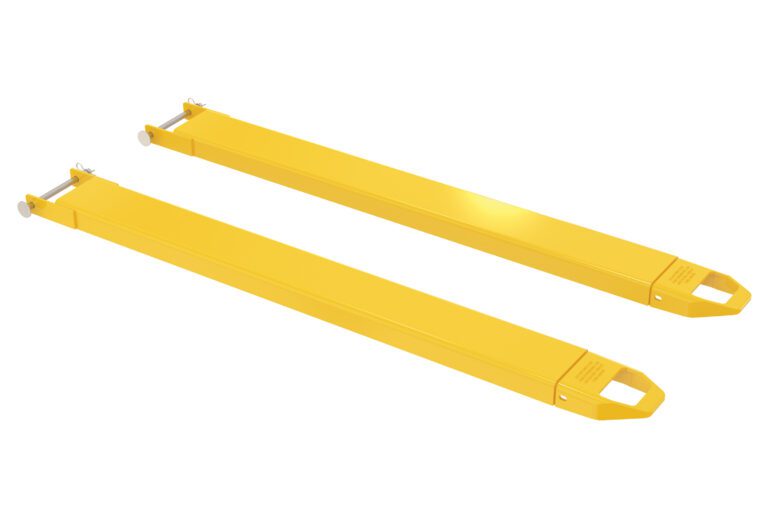 FE-5-63-P_A.jpg A pair of long Vestil Fork Extensions 5 X 63 Pin Style, in yellow, features hook-like handles on one end and attachment points on the other. They are parallel with a smooth, shiny finish.