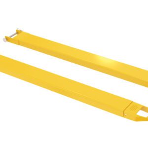 A pair of long Vestil Fork Extensions 5 X 63 Pin Style, in yellow, features hook-like handles on one end and attachment points on the other. They are parallel with a smooth, shiny finish.