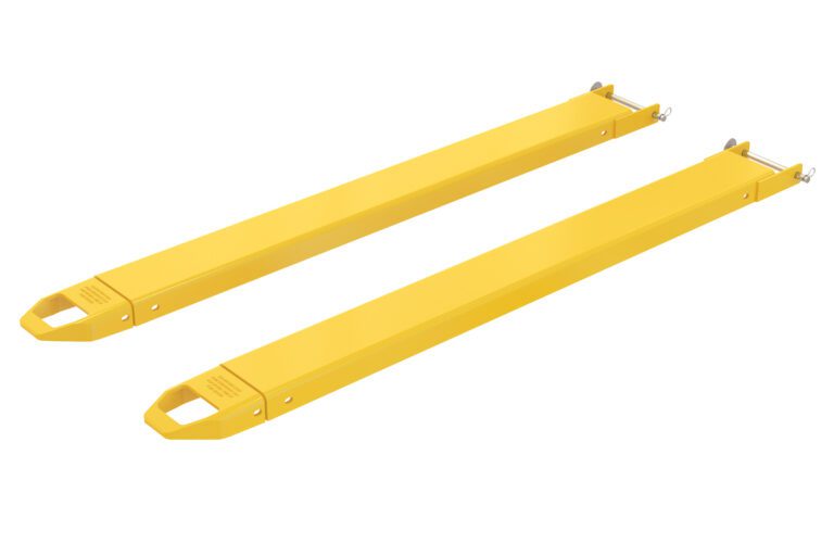 Two yellow Vestil Fork Extensions 5 X 66 Pin Style are placed parallel on a white background, each with a handle on one end and securing hooks on the other.
