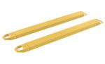 Two yellow metal lifting beams, resembling the Vestil Fork Extensions 5 X 66 Standard (Pair), with handles and holes on one end, are placed side by side against a white background.
