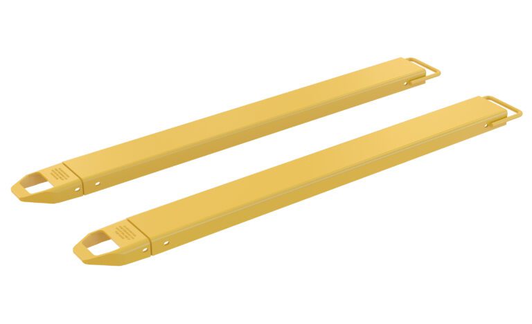FE-5-66_A.jpg Two yellow metal lifting beams, resembling the Vestil Fork Extensions 5 X 66 Standard (Pair), with handles and holes on one end, are placed side by side against a white background.