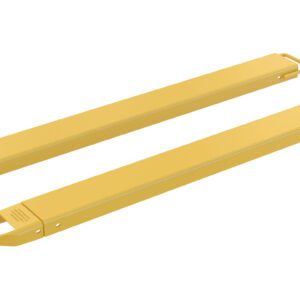 Two yellow metal lifting beams, resembling the Vestil Fork Extensions 5 X 66 Standard (Pair), with handles and holes on one end, are placed side by side against a white background.