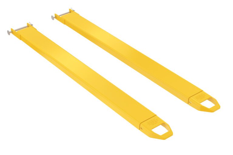 FE-5-72-P_A.jpg On a white background, the bright yellow Vestil Fork Extensions 5 X 72 Pin Style (Pair) are shown as long, rectangular tools with handles at one end to extend standard forklift forks.