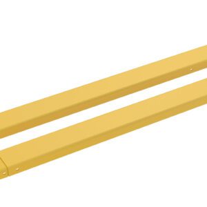 Two ladder extension brackets, similar to the Vestil Fork Extensions 5 X 72 Standard (Pair), lie parallel on a white background. They have a rectangular shape with mounting holes and a handle-like feature at one end.