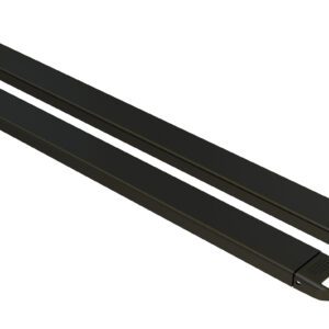Two sleek, black objects, mirroring the design of Vestil Fork Extensions 5 X 84 Standard Black (Pair), with handles at one end, lay parallel on a white background.