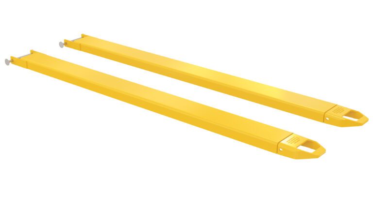 FE-5-84-P_A.jpg A pair of yellow Vestil Fork Extensions 5 X 84 Pin Style, rectangular and designed for lifting materials, features a hook-like handle at one end. The forks are shown diagonally with a slight shadow beneath.