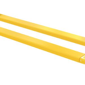 A pair of yellow Vestil Fork Extensions 5 X 84 Pin Style, rectangular and designed for lifting materials, features a hook-like handle at one end. The forks are shown diagonally with a slight shadow beneath.