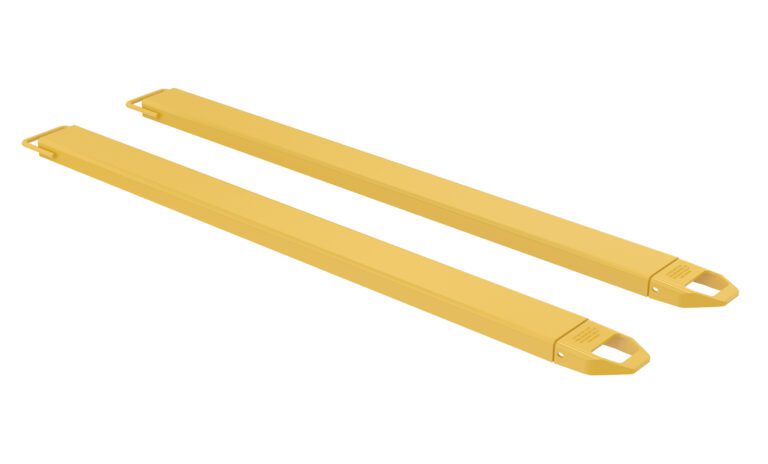 Two rectangular, yellow metal objects with angled ends, grooves, and handles are positioned parallel on a white background. They are the Vestil Fork Extensions 5 X 84 Standard (Pair).