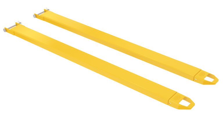 FE-5-90-P_A.jpg Two rectangular yellow metal forklift extensions with looped handles, known as Vestil Fork Extensions 5 X 90 Pin Style (Pair), are positioned parallel on a white background to enhance reach and stability for lifting needs.