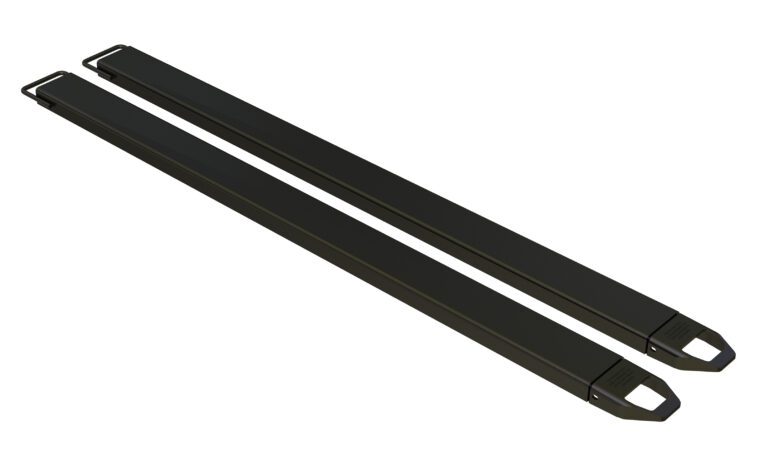 FE-5-96-BK_A.jpg Image of two parallel black metal bars, like the Vestil Fork Extensions 5 X 96 Standard Black (Pair), with rounded ends and small top openings for attachment, featuring a smooth surface.