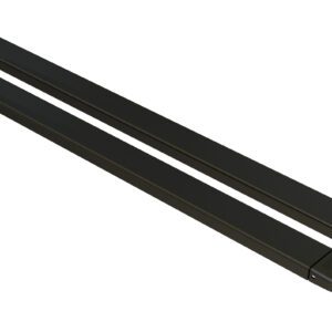 Image of two parallel black metal bars, like the Vestil Fork Extensions 5 X 96 Standard Black (Pair), with rounded ends and small top openings for attachment, featuring a smooth surface.