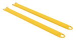 The Vestil Fork Extensions 5 X 96 Pin Style (Pair) are long, rectangular, yellow metal extensions with a hook-like attachment on one end, designed to enhance reach and versatility for lifting.