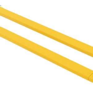 The Vestil Fork Extensions 5 X 96 Pin Style (Pair) are long, rectangular, yellow metal extensions with a hook-like attachment on one end, designed to enhance reach and versatility for lifting.