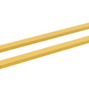 Two long, rectangular yellow beams resemble a pair of Vestil Fork Extensions 5 X 96, lying parallel and equidistant on a white background. They have slightly rounded ends with small holes at the corners for mounting or assembly.