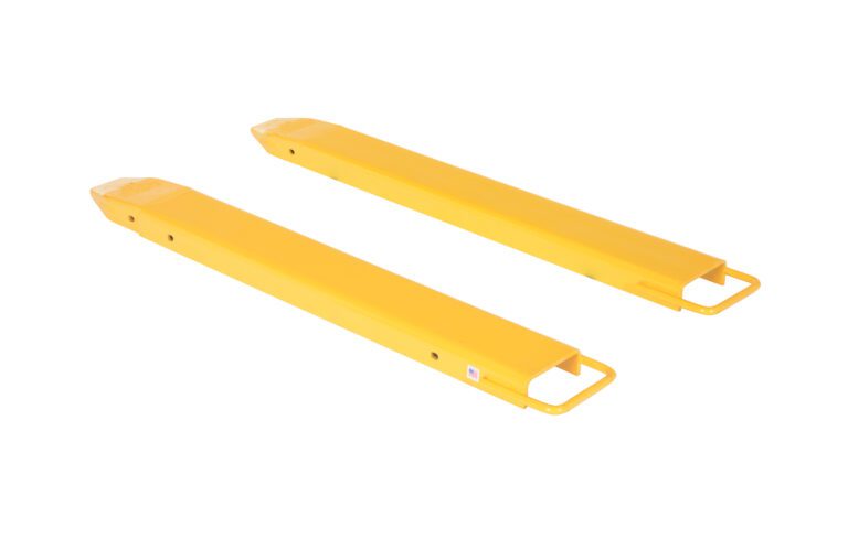 A pair of yellow Vestil Fork Extensions 6 X 48 Standard is displayed on a white background. They feature rectangular shapes and open slots to extend forklift forks for improved load support and stability.