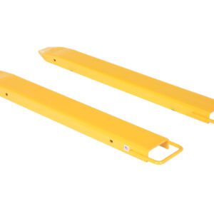 On a white background, two yellow Vestil Fork Extensions 6 X 54 Standard (Pair) feature a rectangular, elongated design with open-ended slots at one end.